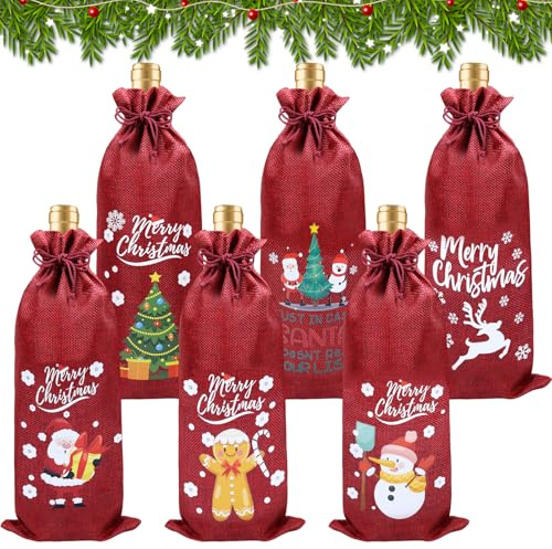 6 Stück Weintasche Weihnachten, Geschenkverpackung Flasche Jutebeutel Wein, Weihnachten Weinflasche Abdeckung Wiederverwendbare für Home Dinner Party Dekoration,Weihnachts Geschenk Verpackung