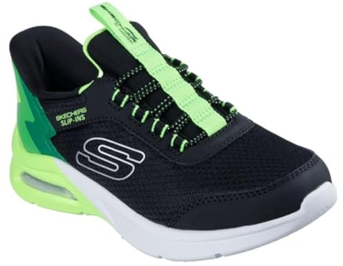 Skechers Garçon Microspec Max Brisk-Stripe Slip-In ENTRAINEUSE, Black Textile / Synthetic / Lime Trim, 30 EU