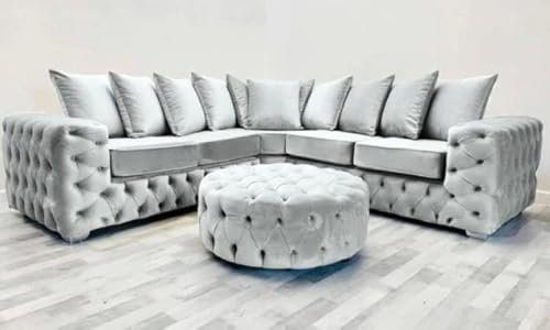 Lussuoso divano Chesterfield moderno in velluto argentato per soggiorno, divano ad angolo a 1 posto, con schienale espanso, elegante divano imbottito.