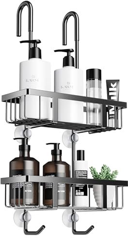 pickpiff Mensola doccia da appendere, mensola doccia, shampoo, supporto doccia, porta in vetro, cesto doccia, senza fori, shampoo, gel doccia, supporto in acciaio inossidabile, nero, H-57 cm