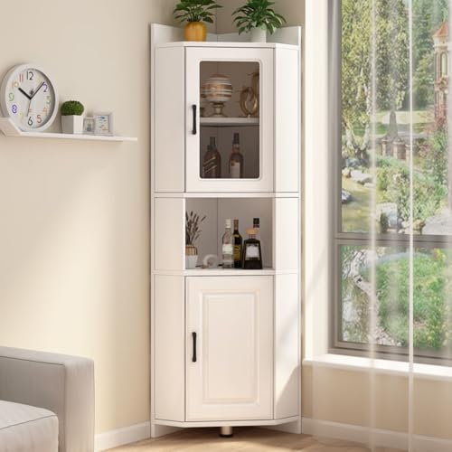 Generisch Hoher Eckschrank, Eckschrank im Landhausstil, moderner Lagerschrank mit Glastüren, freistehender Vorratsschrank für Wohnzimmer, Küche und Esszimmer, weiß