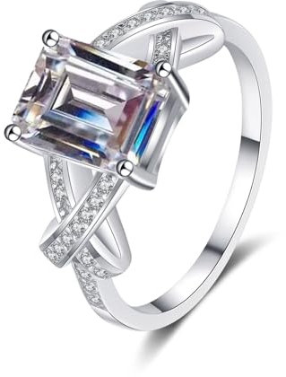 Weißgold Ring Damen 585, Ringe Damen Zeigefinger Quadratisch mit 3 Karat Weiß Smaragdschliff Laborgewachsener Diamant Größe 62 (19.7)