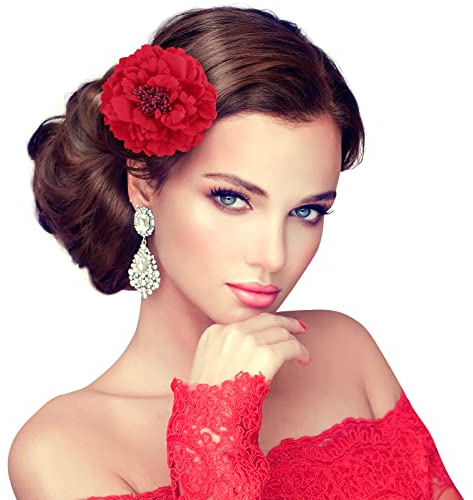 Red Flower Hair Clip, Large Fascinator Peony Hairpin Artificial Flower Brooch Hairpins Vintage Rose Red Hair Barrette Accessories for Women Girls Wedding Valentine's Day Christmas Birthday Gift