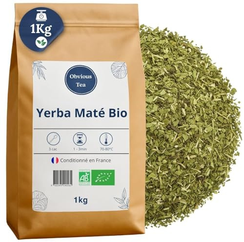 Thé Maté Vert Bio en Vrac - Thé Vegan en Vrac, 100% Naturel, Sans OGM, Agriculture Biologique - Yerba Maté - Conditionné en France - Sachet 1 kg (500 Tasses)