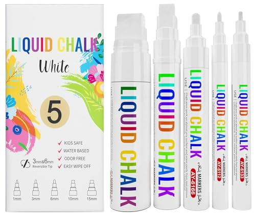 Rnigra Liquid Chalk Markers 5PCS, White Chalk Pen, Dry Erase Marker Pens for Chalkboard and Glass, Windows, Fine & Jumbo Size Ink Pens (1mm, 3mm, 6mm, 10mm, 15mm)