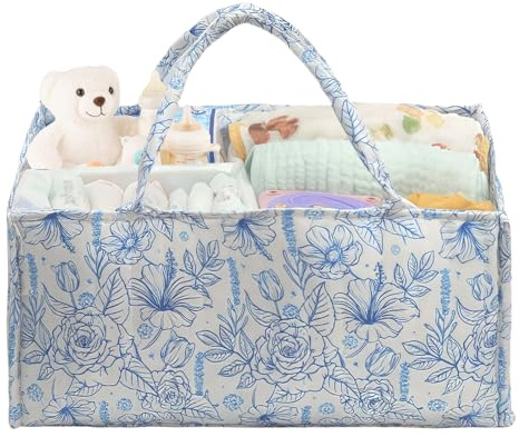 FANGCCC Wickeltasche Organizer, Große Baby Windel Caddy mit Griff & Herausnehmbarer Trennwand, Wickelkorb Organizer mit Blumenmuster, Geschenk für Mamas, Mehrzweck Windeltasche (Blaue Blumen)