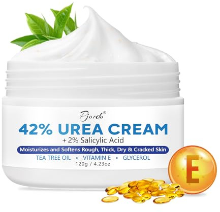 Pjordo Crème à l'Urée 42% avec 2% d'Acide Salicylique, Crème Pieds Très Secs et Abîmés, Urea Cream avec Huile de Tea Tree et Vitamine E pour Hydrater la Peau, Démolisseur de Cornes et de Callosités