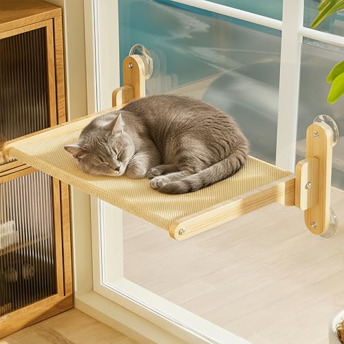 Wooden Cat Window Hammock Bed, Foldable Reinforced Window Perch Discreet Cordless Design with Strong Suction Cup, 2 Breathable Washable Mats Seat for Indoor Cats Sunbathing Holds up to 22lbs, 19x15 | Perch Discreet Cordless Design , 2 Breathable Washable Mats Seat for Indoor Cats Sunbathing Holds up to 22lbs, 19x15