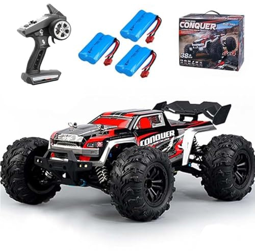 Ledovan 1:16 50km/h Ferngesteuertes Auto, 4WD Kohlebürste Motor Hohe Geschwindigkeit RC Auto für Erwachsene, Wasserdichtes Monstertruck, 2.4Ghz All Terrain Offroad 3 Batterien, Rot