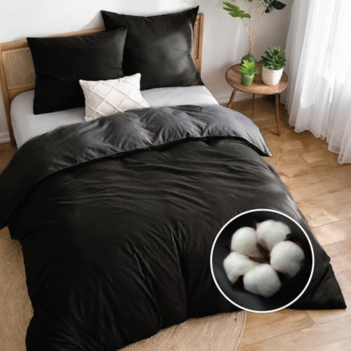 Dreamzie Housse de Couette 200x240 Réversible en Coton - Noir - Parure de lit Adulte 3 Pièces avec 2 TaieS 65x65 + 1 Housse de Couette Bicolore - Oeko-Tex - Lavable à 40°C