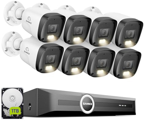 SANNCE 8CH POE CCTV Camera System, 6MP NVR Network Video Recorder, 8x 3MP Outdoor Security Cameras for House Security, Full Colour Night Vision, Audio Recording, Human/Vehicle Detection, 1TB HDD