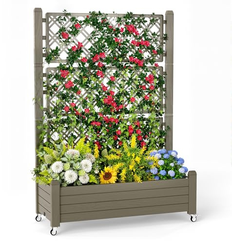 GYMHILL Elevated Raised Garden Bed with Trellis,Outdoor Large Resin Patio Planter Box with Lockable Wheels Drain Plug,Water Monitor for Plants Vegetables Flowers Fruits (Grey, 43.43 * 18.27 * 64.29)