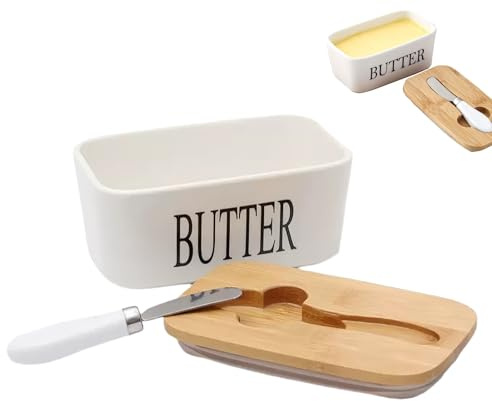 Butterdose mit Holzdeckel, Butterdose Porzellan mit Messer, Butter Box für 250 g Butter, Double-Layer-Silikon-Dichtung Buttebox für Haushalt Küche Käse Nüsse (500ml/Weiß)