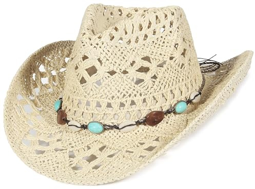 GEMVIE Cowboyhut aus türkisfarbenem Stroh für Herren und Damen, Sommer, Westernhut, gewebt, ausgehöhlt, breite Krempe