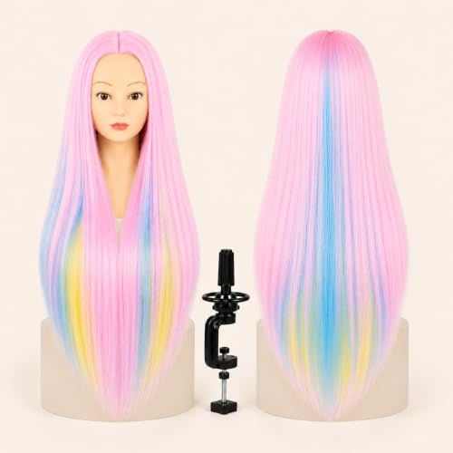 Cabeza de Maniquí para Peluquería, Cabello Sintético 60 cm/24 Resistente al Calor con Soporte, Cabeza de Prácticas para Peinados y Cosmetología (Multicolor Pastel) | Cabeza de Maniquí para Peluquería, Cabello Sintético de 60 cm Resistente al Calor con Soporte para Peinados y Cosmetología