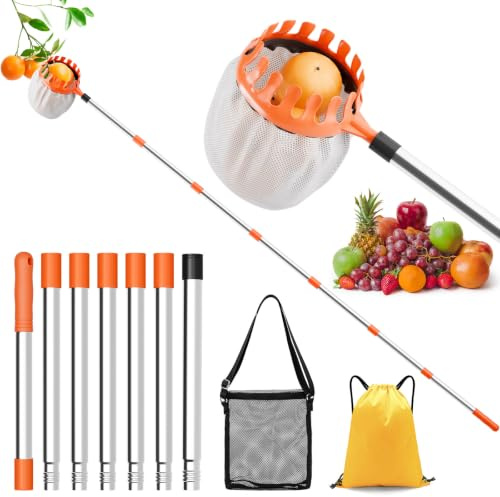 InemzTal 2.2M Obstpflücker Apfelpfluck mit Teleskopstiel und Ø16 cm Beutel | Obstpflücker Kirschenpflücker für Kirschen Apfel Pfirsich Pflaumenp mit Tasche Obstnetzbeutel &Aufbewahrungstasche