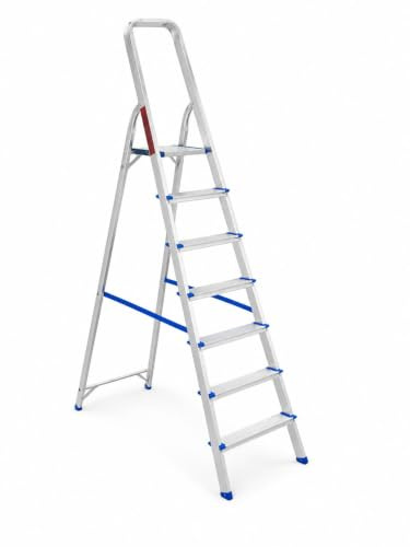 Scala in Alluminio Pieghevole con Corrimano di Sicurezza – Disponibile 6 o 7 Gradini, Portata 150 kg, Gradini Antiscivolo, Piattaforma Ampia, Leggera e Salvaspazio per Casa e Lavor (7)
