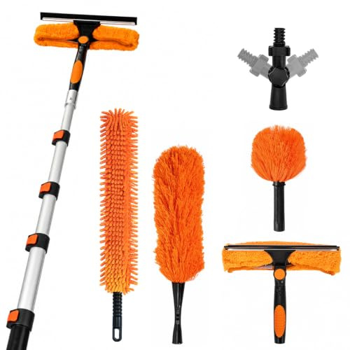 GoDyna 6M Teleskop Staubwedel Set, 6-teiliges Reinigungsset mit Aluminium Teleskopstange, Fensterabzieher, Mikrofaser Staubwischer & Spinnwebenbesen, Waschbares Hochdecken Reinigungsset
