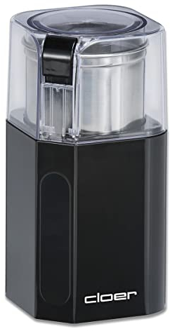 Cloer 7580 Molinillo eléctrico de café y especias, 200 vatios, para pesto, hierbas, nueces y granos, hasta 70 g de granos de café, contenedores de acero inoxidable extraíbles, negro