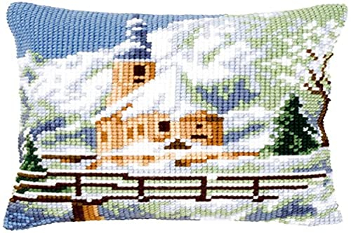 VERVACO Kreuzstich Stickpackungen Kissen Stickerei Set Anfänger Vorgedruckt Kirche im Schnee DIY Set Kreativ Set Für Erwachsene Dekoratives Kissen ca. 40 x 40 cm Bastelset Handwerker Haus Dekoration