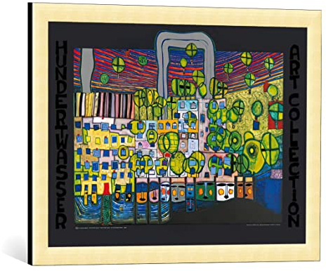 kunst für alle Bild mit Bilder-Rahmen: Friedensreich Hundertwasser Löwengasse - dekorativer Kunstdruck, hochwertig gerahmt, 67x48 cm, Gold gebürstet