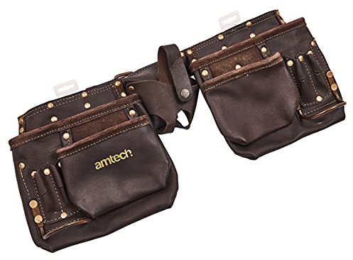 Amtech 12 Pocket Heavy Duty Leather Tool Belt, Oil-Tanned Leather with Tape Holder, Dual Hammer Loops and Adjustable Belt for Professional Use.