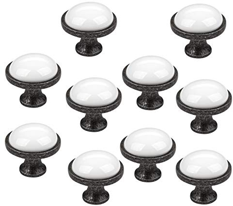 SOTECH 10er SET Schubladenknopf Knopf Griffe ANSGAR Ø: 34 mm weiß | mit Metallfuß in Silberoptik Antik