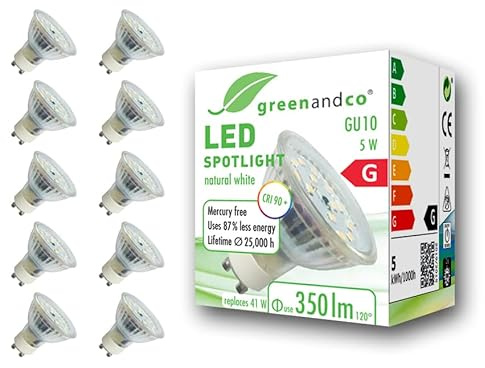 10x greenandco® CRI 90+ 4000K 110° LED-spot ersätter 41W GU10 halogenstrålkastare, 5W 430lm neutralvit 230V AC, flimmerfri, inte dimbar