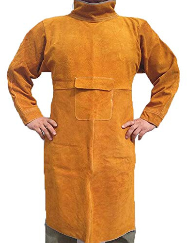 Jewboer Leather Welding Apron with Sleeves,Heavy Duty Welding Jacket,Heat Flame Resistant Welder Apron for Men,XL