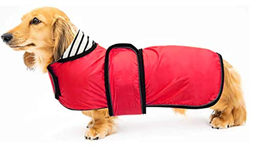 Geyecete Hunde Regenmantel,Einstellbar Wasserdicht Hundejacke für Dackel,Regenmantel mit reflektierenden Trägern,Regenjacken mit Gürtel mit Klettverschluss für Miniaturdackel-Rot-M