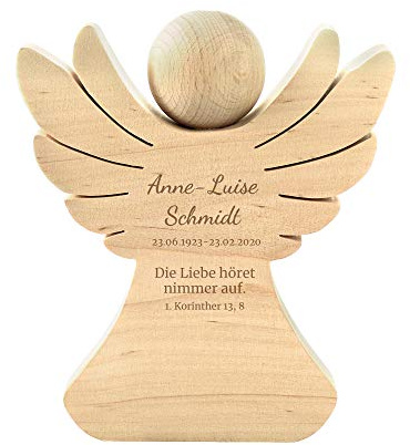 Casa Vivente Holzengel mit Gravur zum Trost, Engel mit Trauerspruch, Personalisiert mit Namen und Datum, Trauergeschenk für Familie und Freunde
