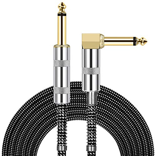 JOLGOO Guitar Cable, 1/4 Inch Cable 10 Ft, Straight to Right Angle 6.35mm Plug Bass Keyboard Instrument Cable, Black and Gray Tweed Cloth Jacket, Electric Mandolin, pro Audio