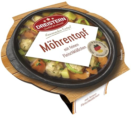 DREISTERN Möhreneintopf 400g I Mit Fleischbällchen & Gemüse I Herzhaftes Fertiggericht in Mikrowellenschale I Lange Haltbarkeit dank natürlicher Konservierung I Hausmacher Qualität