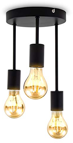 B.K.Licht I Plafoniera Retro 3 prese E27 I Nero Opaco I Metallo I Ø19 x 31 cm I Consegnato Senza Lampadine
