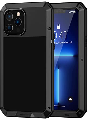 Lanhiem für iPhone 13 Pro Hülle Metall Stoßfest Case, Schwarz | 360 Grad Ganzkörper Outdoor Schutzhülle, Tough Armor, Staubdicht Heavy Duty Case mit Eingebautem Displayschutz