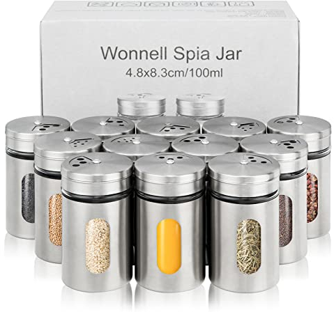 Wonnell 12 Pcs Barattolo di Spezie,Vasetti in Acciaio Inossidabile, con Coperchio Girevole e Finestra Visiva,100ml da Cucina per Sale, Pepe Nero ecc.