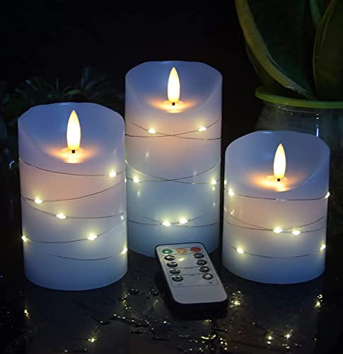 DANIP Himmelblaue LED-Kerzen Eingebaute Sternenkette 3 Kerzen mit 11-Tasten-Fernbedienung 24-Stunden-Timer Tanzende Flamme Echtwachs batteriebetrieben.