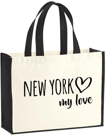 Huuraa Jutetasche New York my love Geschenk | Großer Shopper 21 Liter Juteshopper Black Tasche aus Jute und Baumwolle Einkaufstasche Geschenkidee Tragetasche mit Motiv