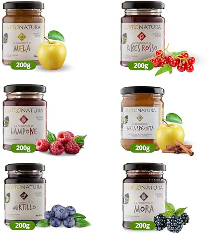 Composte di frutta BIO 6 x 200 g – mela, lampone, ribes, mirtillo & mora – frutti raccolti a mano – Made in Italy – Gustonatura