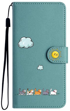 FALUWONRU for iPhone 12 mini/13 mini handyhülle,Katzen Tasche,Grün | iPhone 12 mini/13 mini klapphülle mit Kartenfach,stoßfestes Schutzhülle,ideal für Alltag,klappbar für Damen.