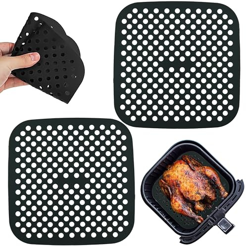 21cm Square Silicone Air Fryer Mats, 2 Pack Non-Stick Perforated Reusable Liners, Eco-Friendly & Heat-Resistant, Easy Clean Cooking Accessories for Air Fryer Basket