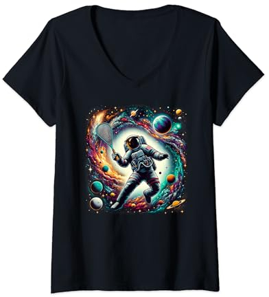 Damen Squashschläger und Ball auf Squashspieler Astronaut Squash T-Shirt mit V-Ausschnitt