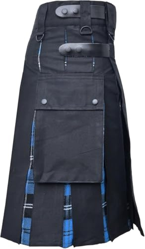 Moderne Utility-Kilts für Herren, Übergröße, schottische Hybrid-Kilts aus Baumwolle und Acrylwolle, Schottenkaro, mit Lederriemen, Schwarz, Ramsay Blue, 42 Regular