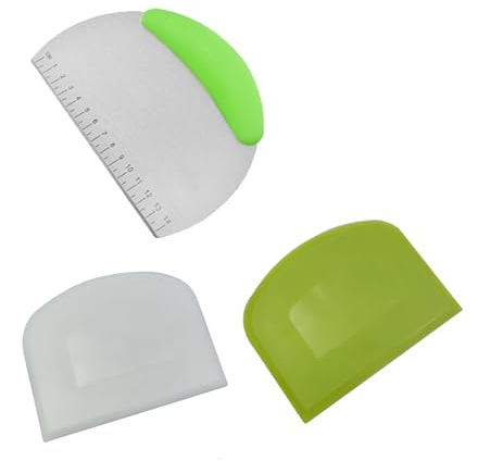 Cortador de masa de acero inoxidable de plástico, cortador de masa para hornear con mango de goma antideslizante y escala de medición, tarjeta para pasta de pan, fondant, chocolate, juego de 3 piezas