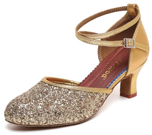 foralod Character Shoes for Women, Woman Ballroom Dance Shoes, 1920s Flapper Shoes, Latin, Salsa, Party Dress Shoes Low Heels, Ankle Strap Pumps, Gold
