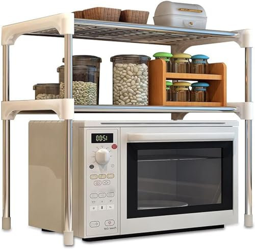 Home Beauty 2 Tier Expandable Microwave Oven Rack Shelf, Stainless Steel Storage Organiser Rack, Shelf Storage Unit, Steel & ABS Construction