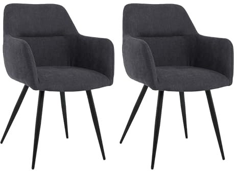 Esszimmerstühle 2er Set Schwarz – Leinenstoff Polsterstühle mit Armlehnen & Ergonomischer Rückenlehne – Bequeme Küchenstühle mit Weichem Bezug & Stabilen Metallbeinen für Esszimmer & Wohnzimmer