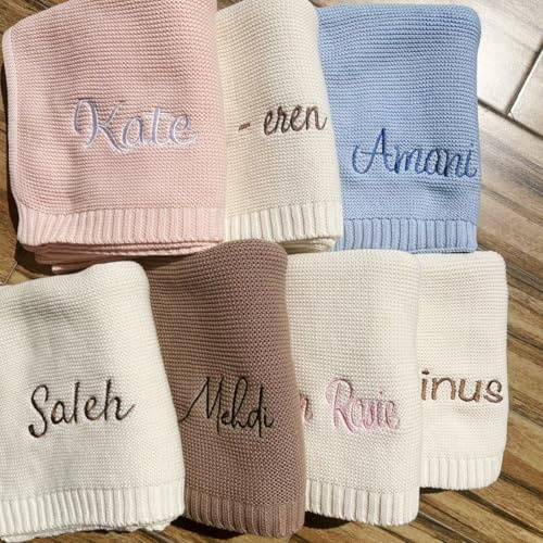 miguha Individuelle Weiche Gestrickte Babydecke for Neugeborene Mit Stickerei, Individuell Gestrickte Babydecken Mit Heißstickerei, Personalisierte Babydecke Mit Namen, Süße Neutrale Geschenke