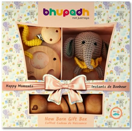 Instants de Bonheur – Geschenkset zur Geburt Bhupadh, Rassel in Haken, Beißring, Rassel aus Holz mit Ringen, 3 Monate, 3 Stück (Kollektion Elephant)