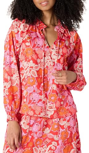 Amazon Essentials Chemisier en Satin de Coton à Col Volanté, Coupe Décontractée Femme, Rouge Coquelicot Vif Multi Folk Floral, M